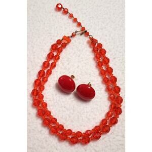 Vtg 1950s Red Celluloid Beaded Necklace Choker Signed Germany Screwback Earrings